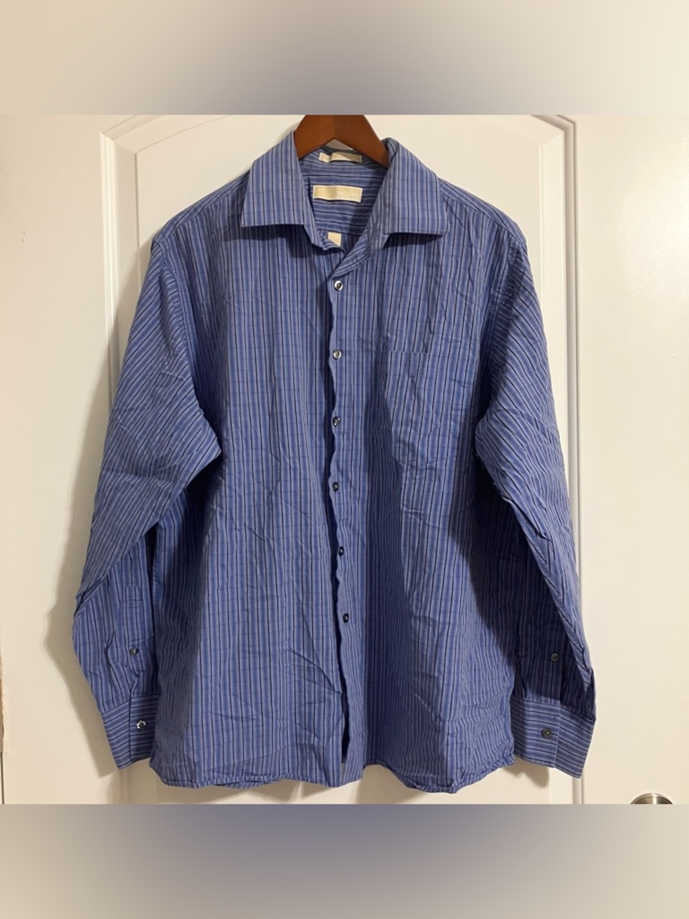 Michael Kors Button Up Long Sleeve Collared Blue Striped Shirt SZ 17.5 XL